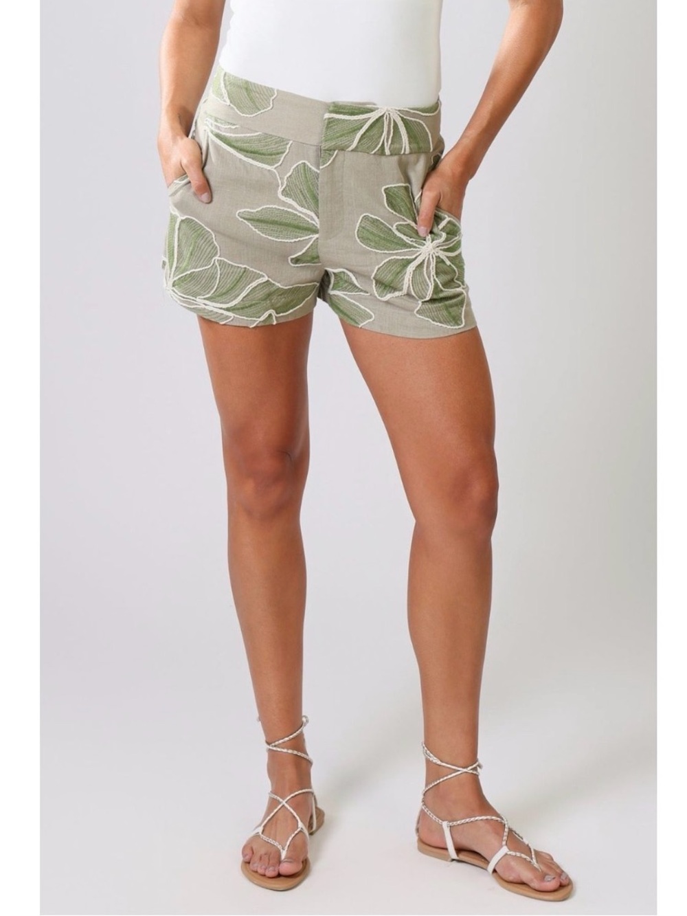 Traffic People Olive Green Floral Embroidered Bermuda Shorts